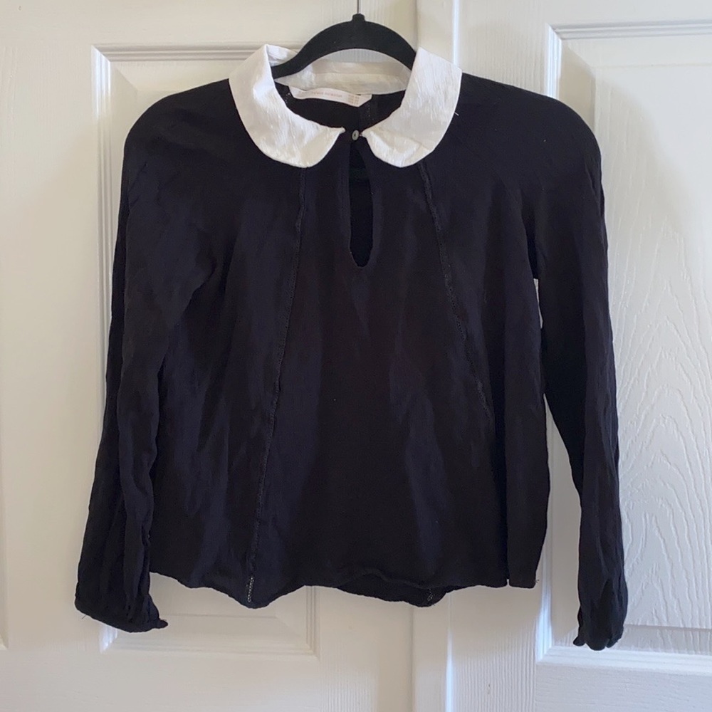 NWOT Zara Vintage Style Black Long Sleeve with Patterned Cutout and White Collar